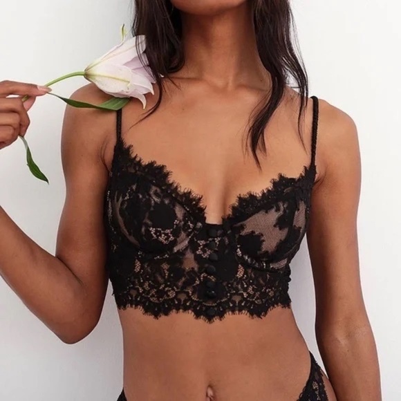 New! SET For Love and Lemons Faye Lace Underwire Bra Panty Black 31280 - Picture 4 of 12